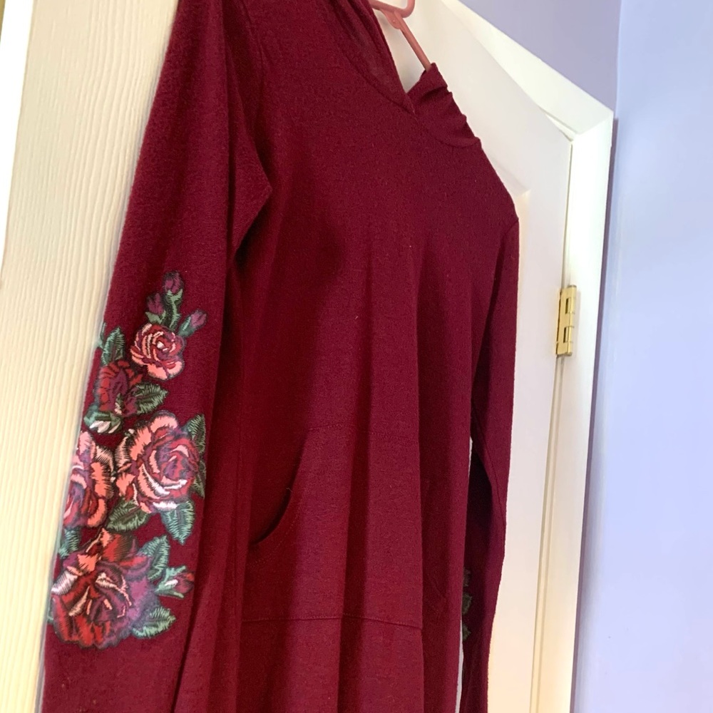 Rose Print Fuchsia Long Sleeve Dress w/ Hood and Pockets